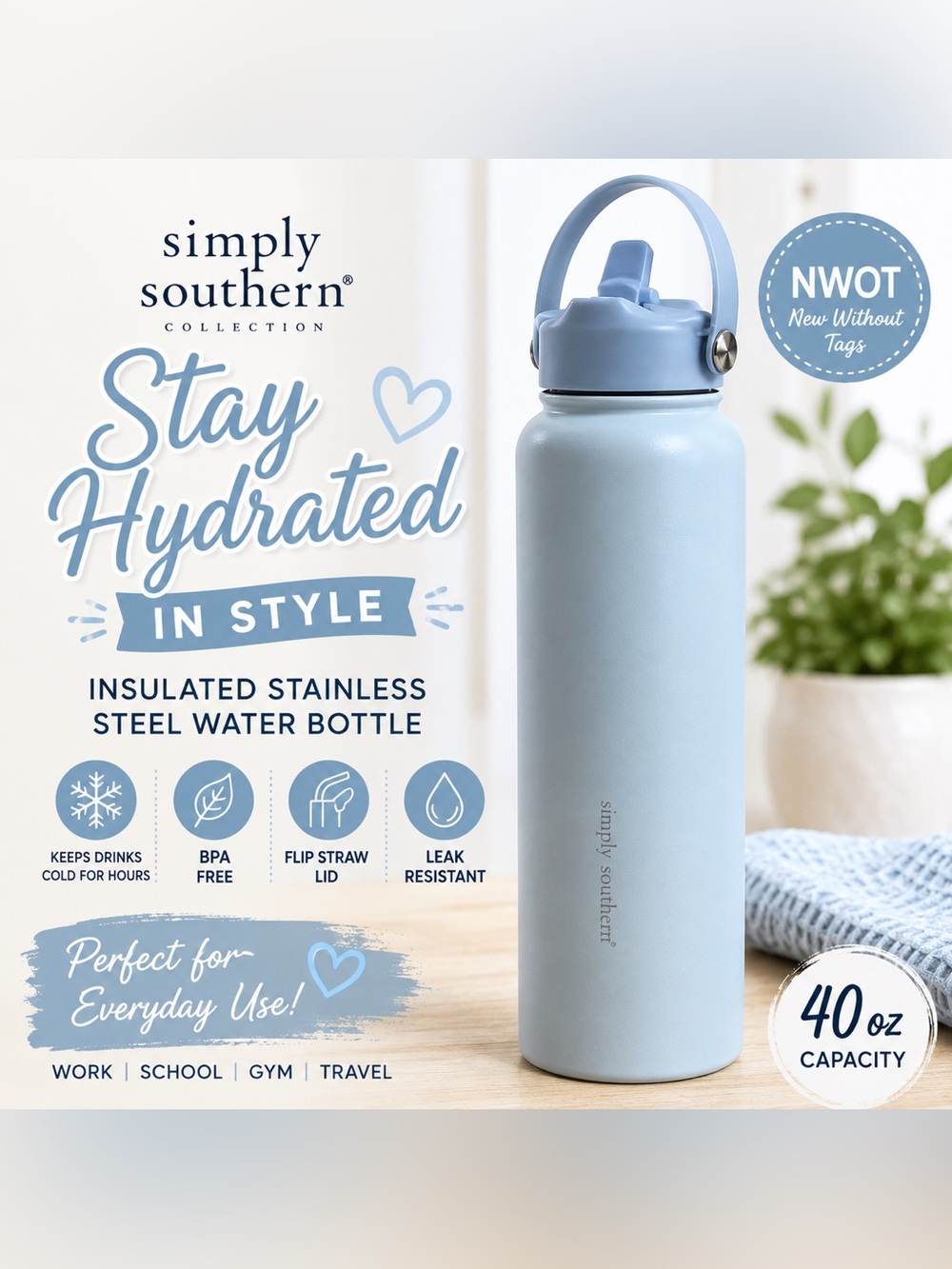 Simply Southern Light Blue Insulated Stainless Steel Water Bottle